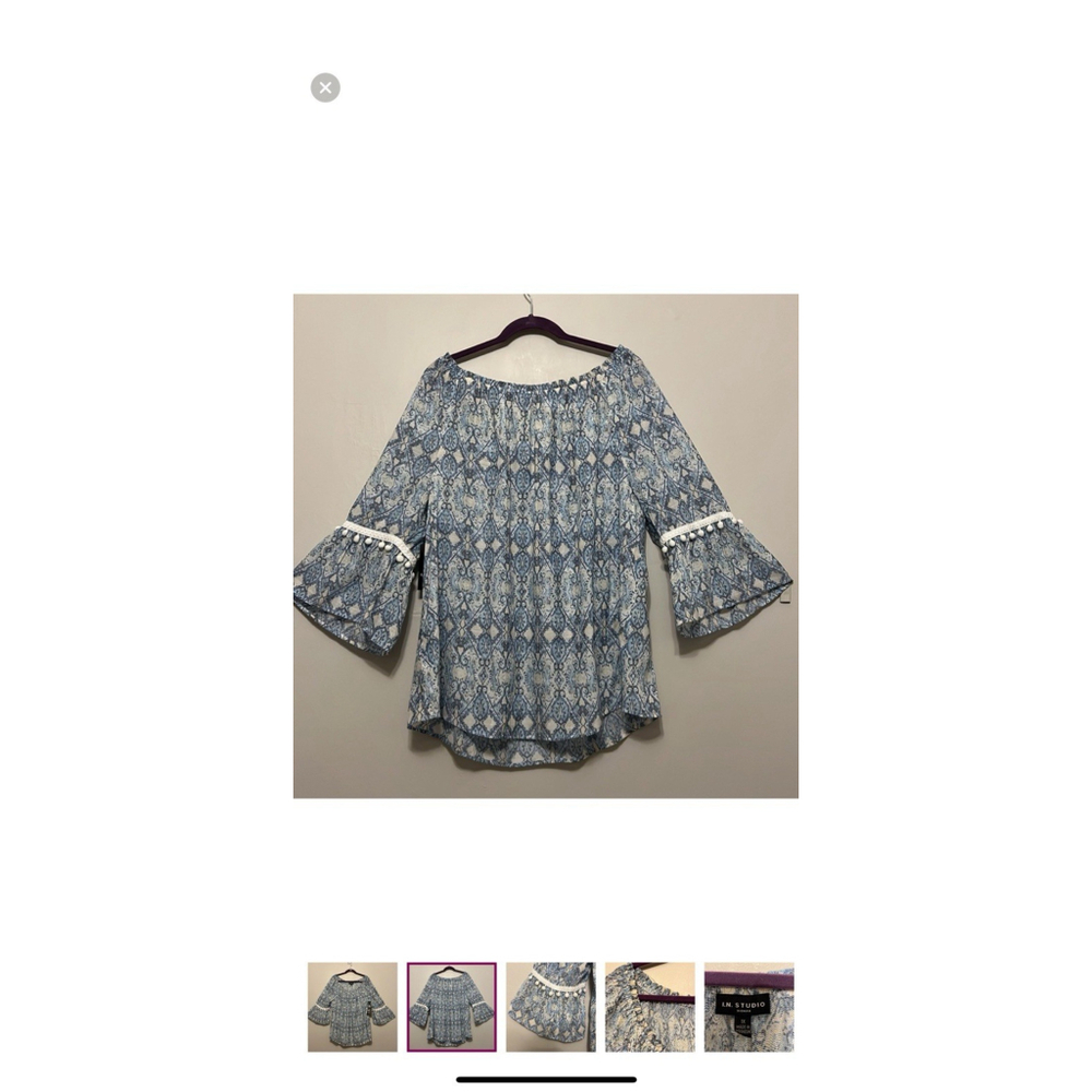 I.N. Studio Boho Blouse Sz 1X Cottagecore Embroidered Pom Poms Flowy Bell Sleeve - Picture 2 of 9
